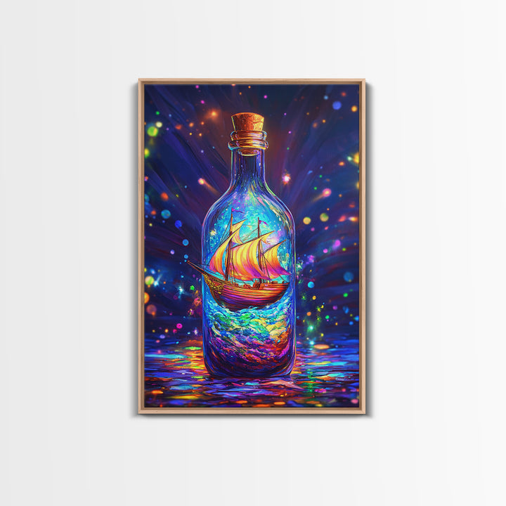 Glowing Ship In A Bottle Framed Canvas Print, Nautical Wall Art, Fantasy Ocean Decor, Coastal Gift For Him Or Her, Statement Artwork