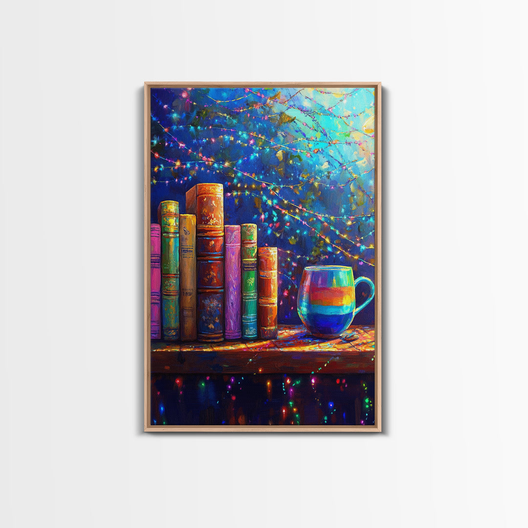 Cozy Books And Rainbow Mug Wall Art, Bookish Library Canvas Print, Reading Nook Decor, Gift For Book Lover, Cozy Home Decor