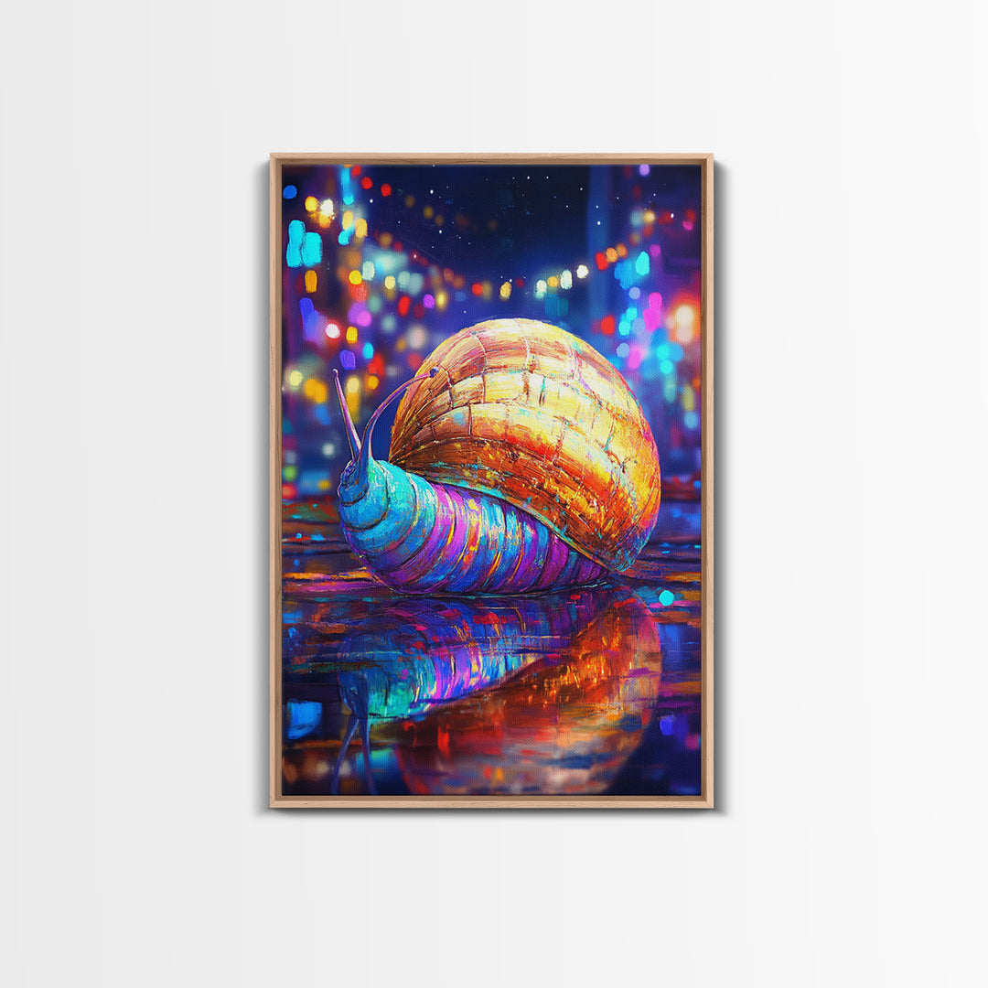 Neon Snail On Rainy Street Wall Art, Whimsical Animal Canvas Print, Cyberpunk City Decor, Funny Gift For Animal Lover, Vibrant Wall Decor