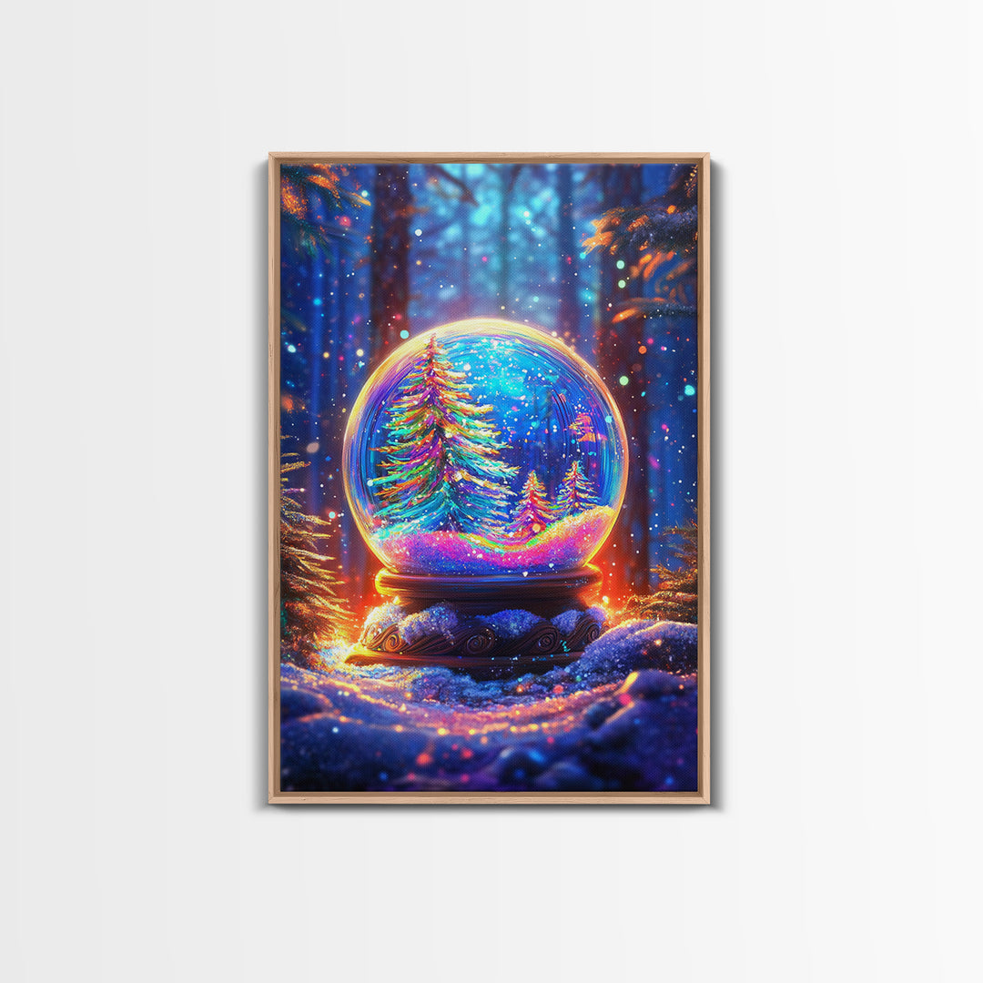 Glowing Winter Forest Snow Globe Framed Canvas Print, Christmas Wall Art, Cozy Holiday Decor, Magical Nature Gift, Living Room Decor