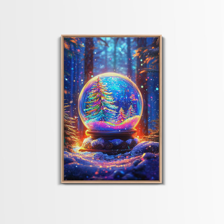 Glowing Winter Forest Snow Globe Framed Canvas Print, Christmas Wall Art, Cozy Holiday Decor, Magical Nature Gift, Living Room Decor