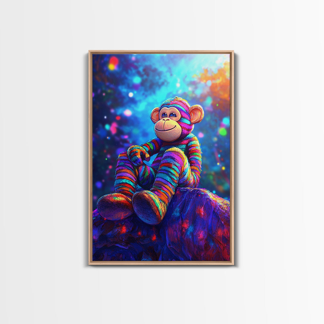 Rainbow Sock Monkey On Rock Wall Art, Whimsical Animal Canvas Print, Cute Nursery Decor, Kids Room Decor, Playroom Wall Decor