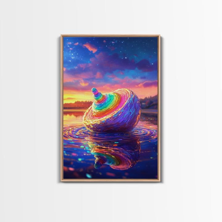 Rainbow Seashell At Sunset On Reflective Water Canvas Print, Coastal Wall Art, Beach House Decor, Ocean Art, Gift For Her