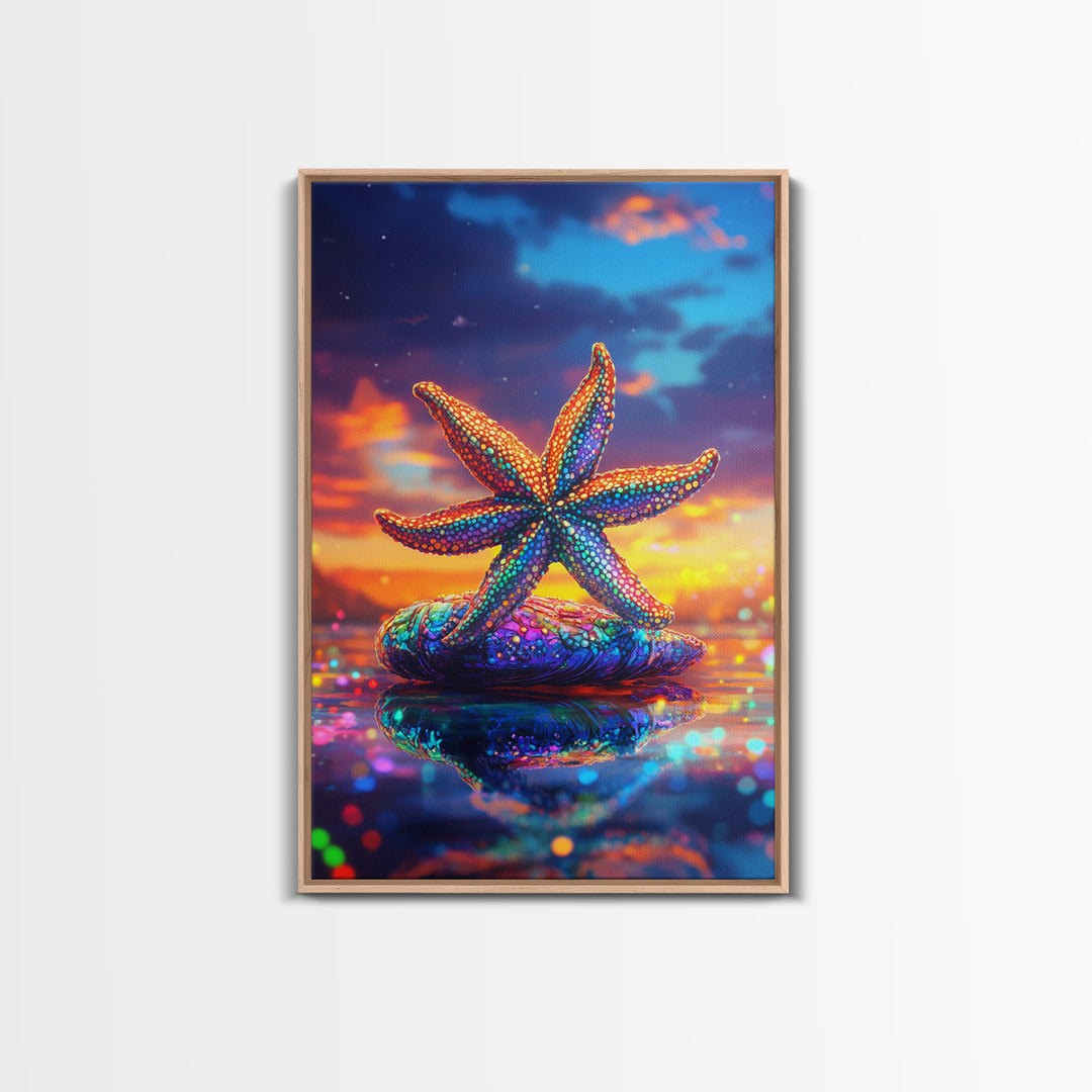 Beaded Rainbow Starfish On Shell At Sunset Canvas Print, Coastal Wall Art, Ocean Decor, Beach House Art, Gift For Her, Summer Decor