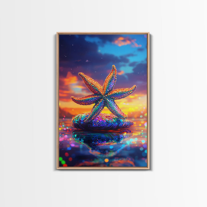 Beaded Rainbow Starfish On Shell At Sunset Canvas Print, Coastal Wall Art, Ocean Decor, Beach House Art, Gift For Her, Summer Decor