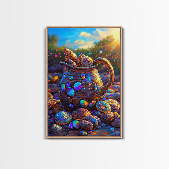 Iridescent Seashell Pitcher On Pebble Shore Wall Art, Coastal Canvas Print, Beach House Decor, Nautical Art For Living Room
