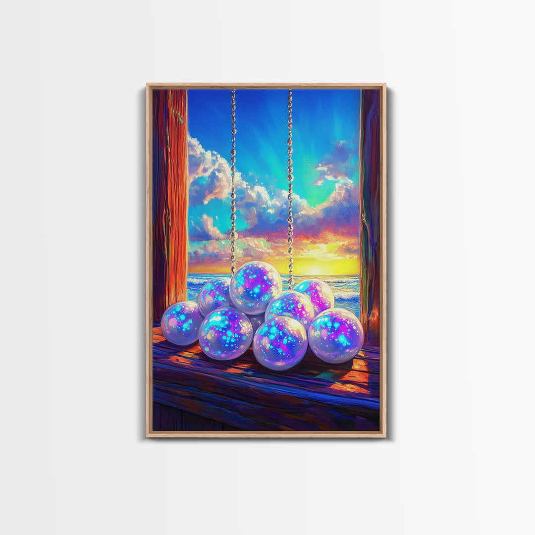 Glowing Pearl Swing At Ocean Sunset Wall Art, Coastal Canvas Print, Whimsical Beach Decor, Dreamy Seascape Art Print For Bedroom Decor