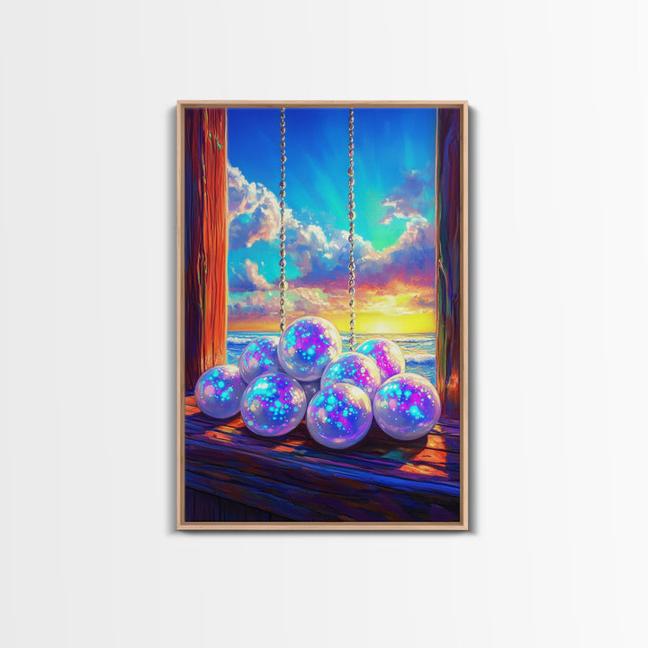 Glowing Pearl Swing At Ocean Sunset Wall Art, Coastal Canvas Print, Whimsical Beach Decor, Dreamy Seascape Art Print For Bedroom Decor