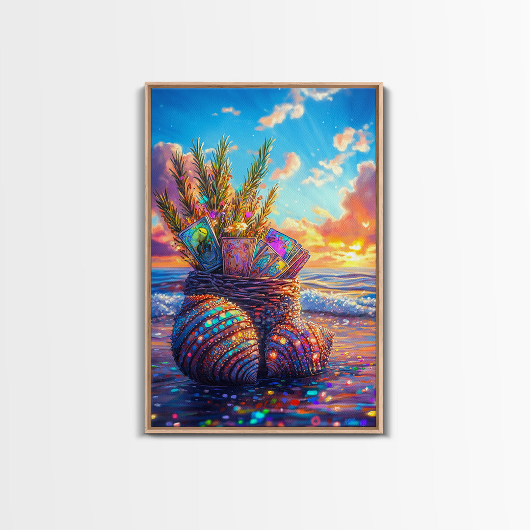 Seashell Basket With Tarot Cards At Sunset Framed Canvas Print, Coastal Wall Art, Beach House Decor, Boho Gift For Her Art