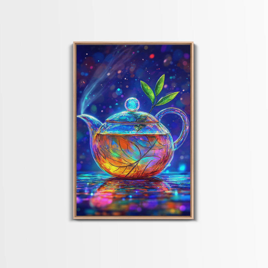 Glowing Glass Teapot With Green Leaves Canvas Print, Whimsical Kitchen Wall Art, Colorful Tea Lover Gift, Home Decor Art