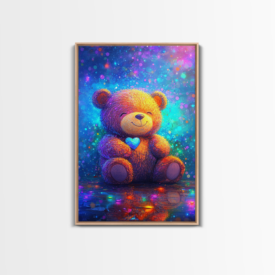 Smiling Teddy Bear With Blue Heart Wall Art, Colorful Nursery Decor, Cute Animal Art, Kids Room Canvas Print, Baby Gift Art