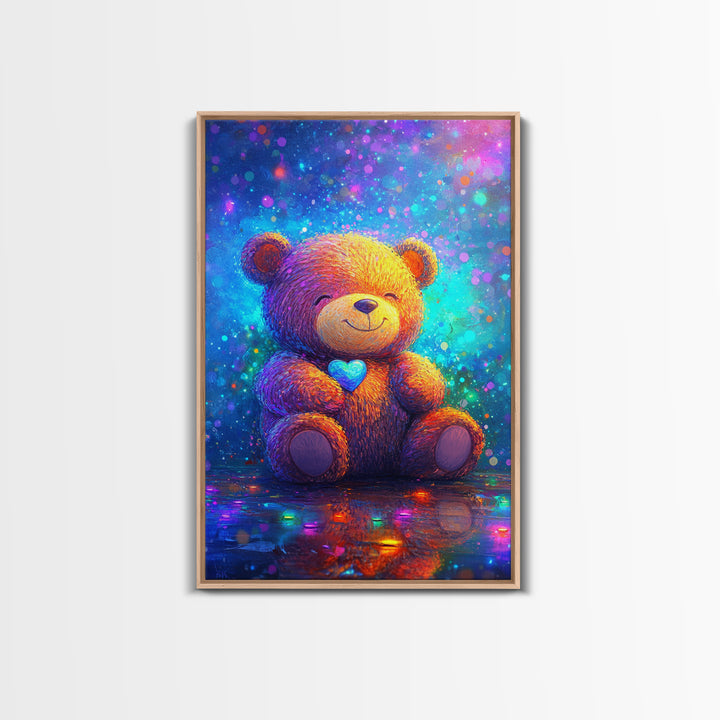 Smiling Teddy Bear With Blue Heart Wall Art, Colorful Nursery Decor, Cute Animal Art, Kids Room Canvas Print, Baby Gift Art