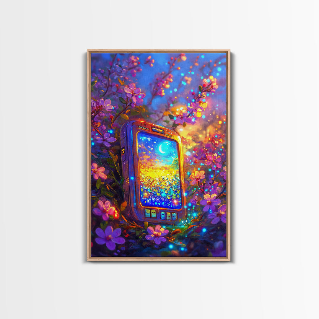 Glowing Phone Among Cherry Blossoms And Moon Wall Art, Celestial Floral Fantasy Canvas Print, Whimsical Nursery Decor Gift