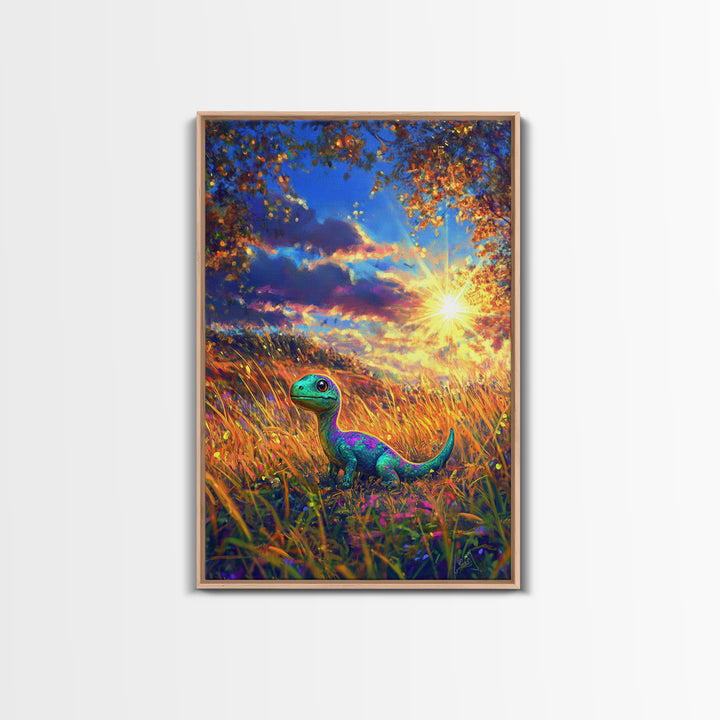 Cute Baby Dinosaur In Golden Meadow Wall Art, Colorful Safari Nursery Canvas Print, Whimsical Kids Room Decor, Unique Gift