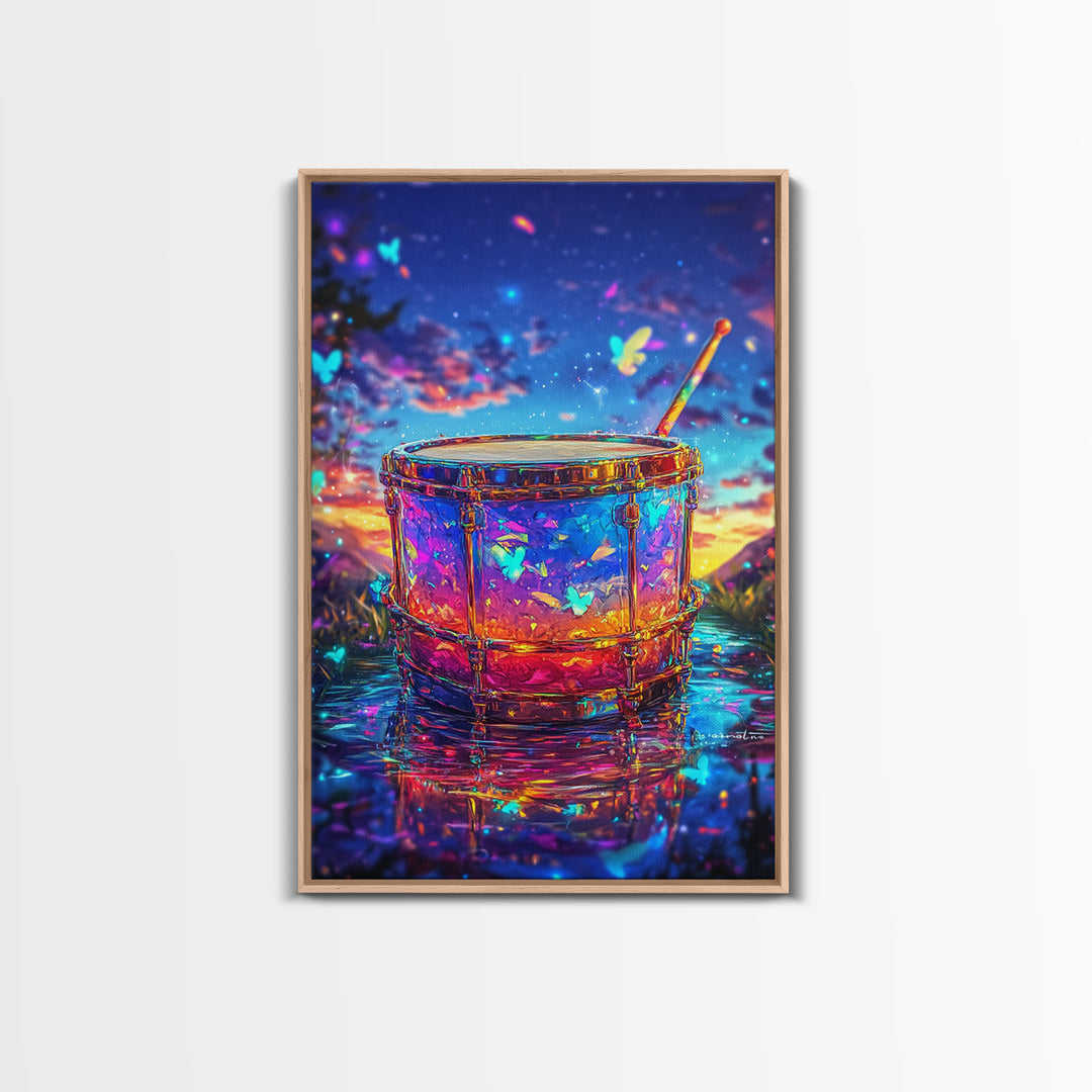 Glowing Drum With Butterflies At Sunset Wall Art, Colorful Music Studio Room Decor, Whimsical Canvas Print, Music Lover Gift