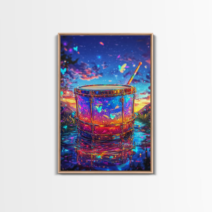 Glowing Drum With Butterflies At Sunset Wall Art, Colorful Music Studio Room Decor, Whimsical Canvas Print, Music Lover Gift