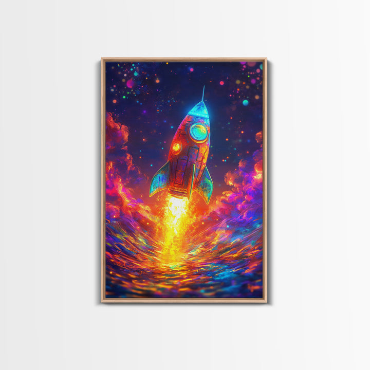 Neon Rocket Launch Over Ocean Wall Art, Colorful Space Decor, Sci Fi Art Print, Futuristic Nursery And Kids Game Room Gift