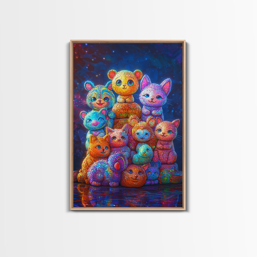 Colorful Plush Animal Friends And Kittens Wall Art, Whimsical Animal Art, Nursery Wall Art, Playroom Decor, Cute Kids Print