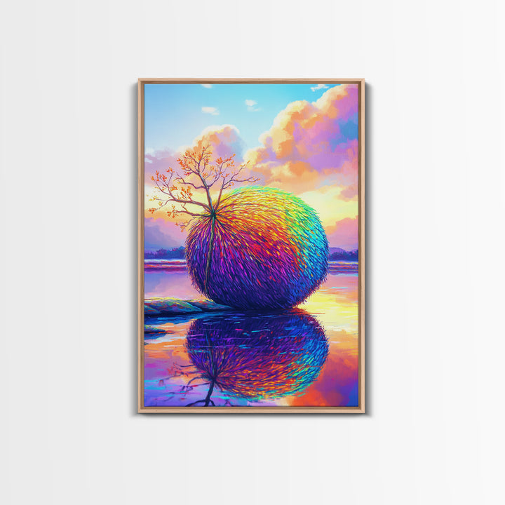 Rainbow Sphere Tree Beside Reflective Lake Wall Art, Surreal Landscape Art, Colorful Nature Decor, Modern Canvas Wall Art