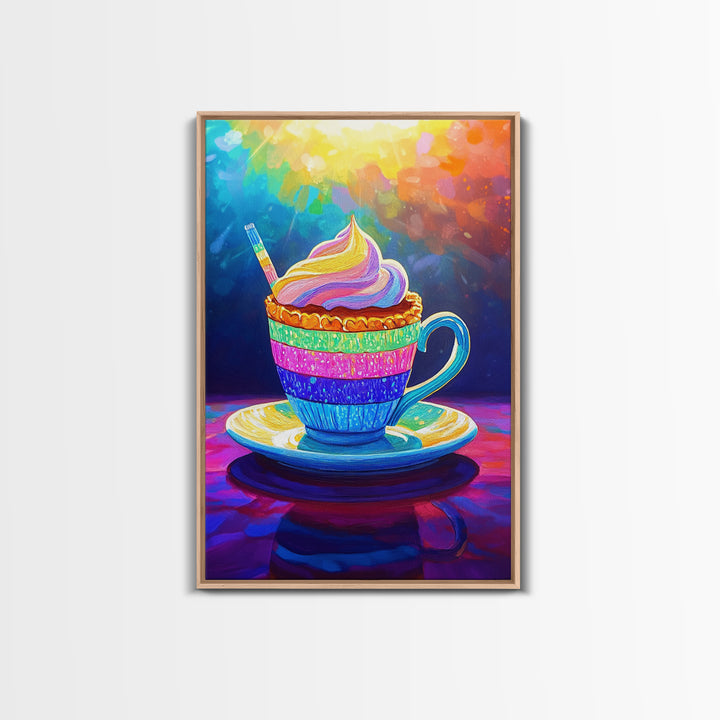 Rainbow Cupcake In Teacup Kitchen Wall Art, Whimsical Dessert Art Print, Colorful Bakery Decor, Cute Cafe Canvas Print Gift