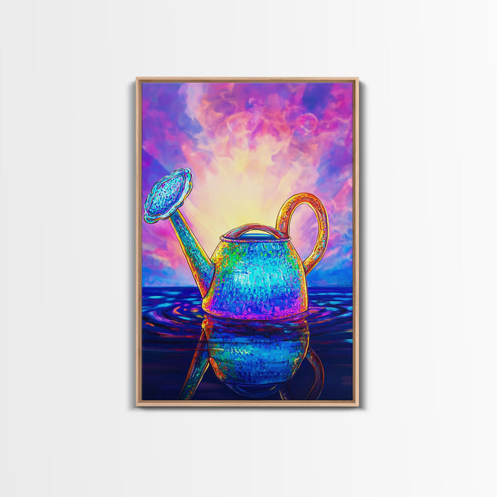 Radiant Watering Can At Sunrise Wall Art, Colorful Garden Decor, Whimsical Botanical Art Print, Vibrant Canvas Print Gift
