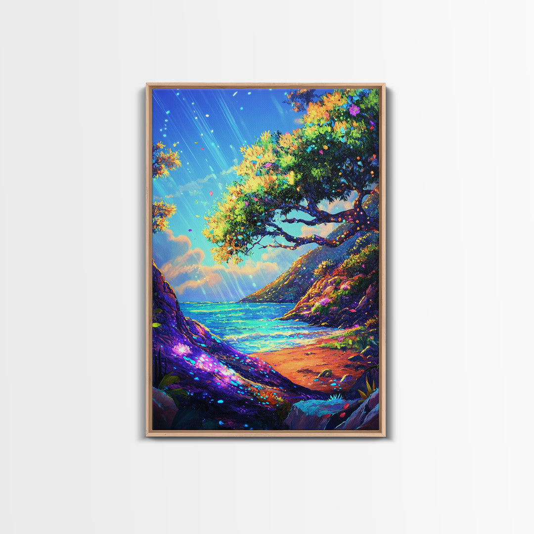 Sunlit Coastal Cove And Tree Wall Art, Vibrant Ocean Landscape Art Print, Tropical Beach House Decor, Large Canvas Print