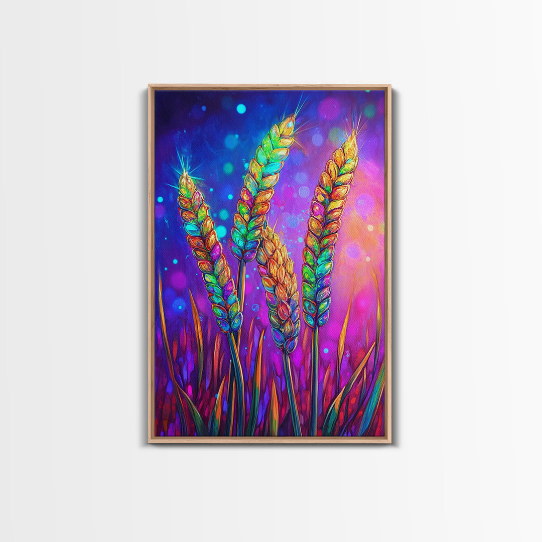 Colorful Wheat Stalks In Light Wall Art, Rustic Farmhouse Decor, Botanical Nature Art Print, Vibrant Kitchen Canvas Print