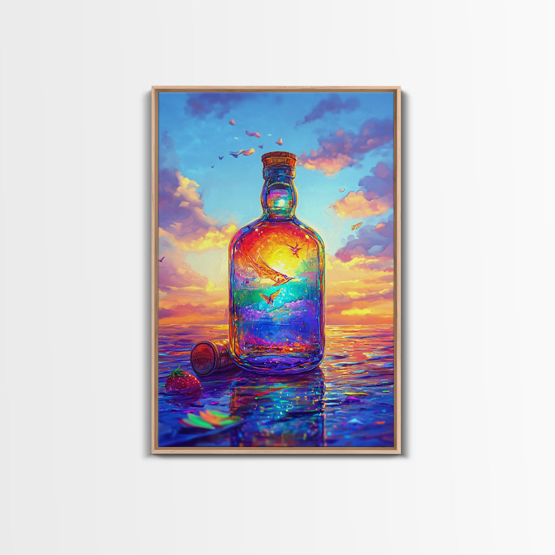 Sunset Ocean In Glass Bottle Wall Art, Surreal Seascape Art Print, Coastal Beach House Decor, Whimsical Canvas Print Gift