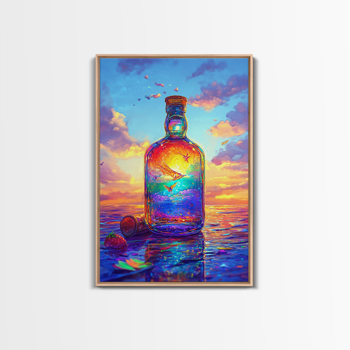 Sunset Ocean In Glass Bottle Wall Art, Surreal Seascape Art Print, Coastal Beach House Decor, Whimsical Canvas Print Gift