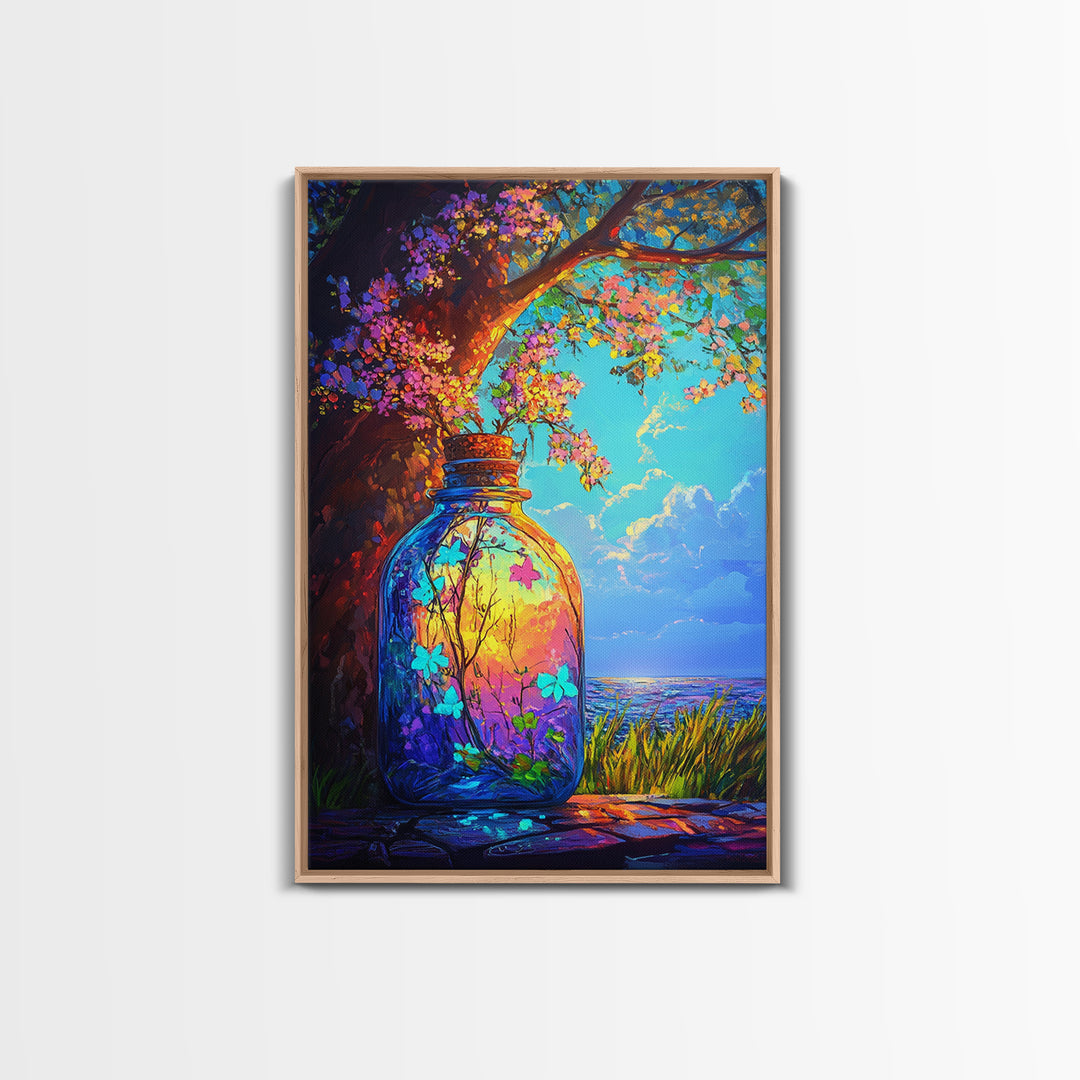 Glowing Jar Under Flowering Tree Wall Art, Whimsical Botanical Landscape, Coastal Nature Decor, Vibrant Canvas Print Gift