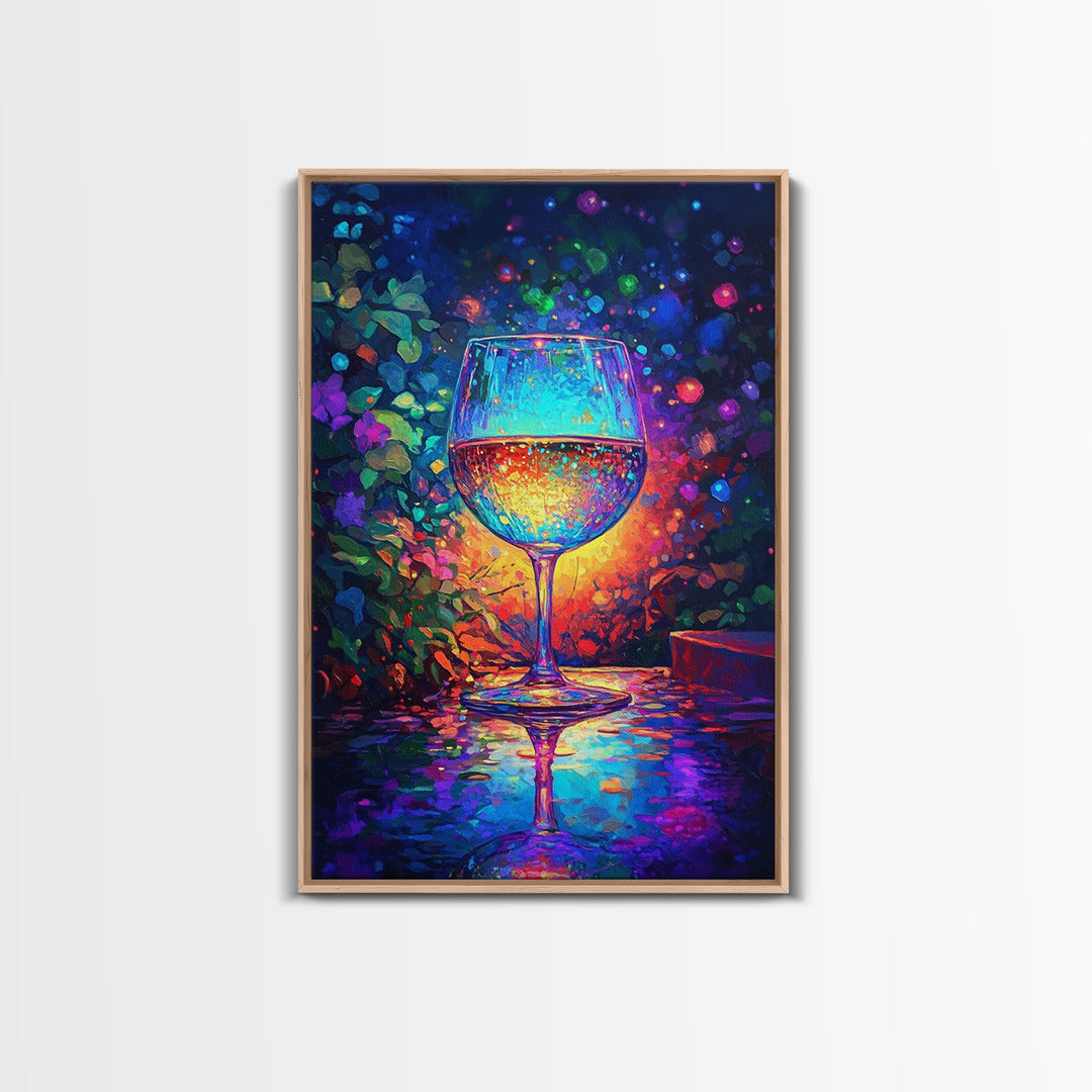 Glowing Wine Glass On Dark Table Canvas Print, Colorful Bar Wall Art, Kitchen Decor, Wine Lover Gift, Dining Room Art Print