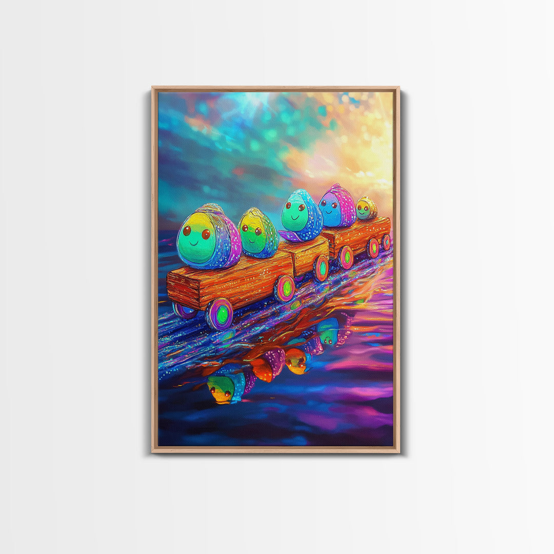 Smiling Rainbow Egg Train Canvas Print, Whimsical Kids Room Wall Art, Colorful Nursery Decor, Cute Playroom Art, Baby Shower Gift