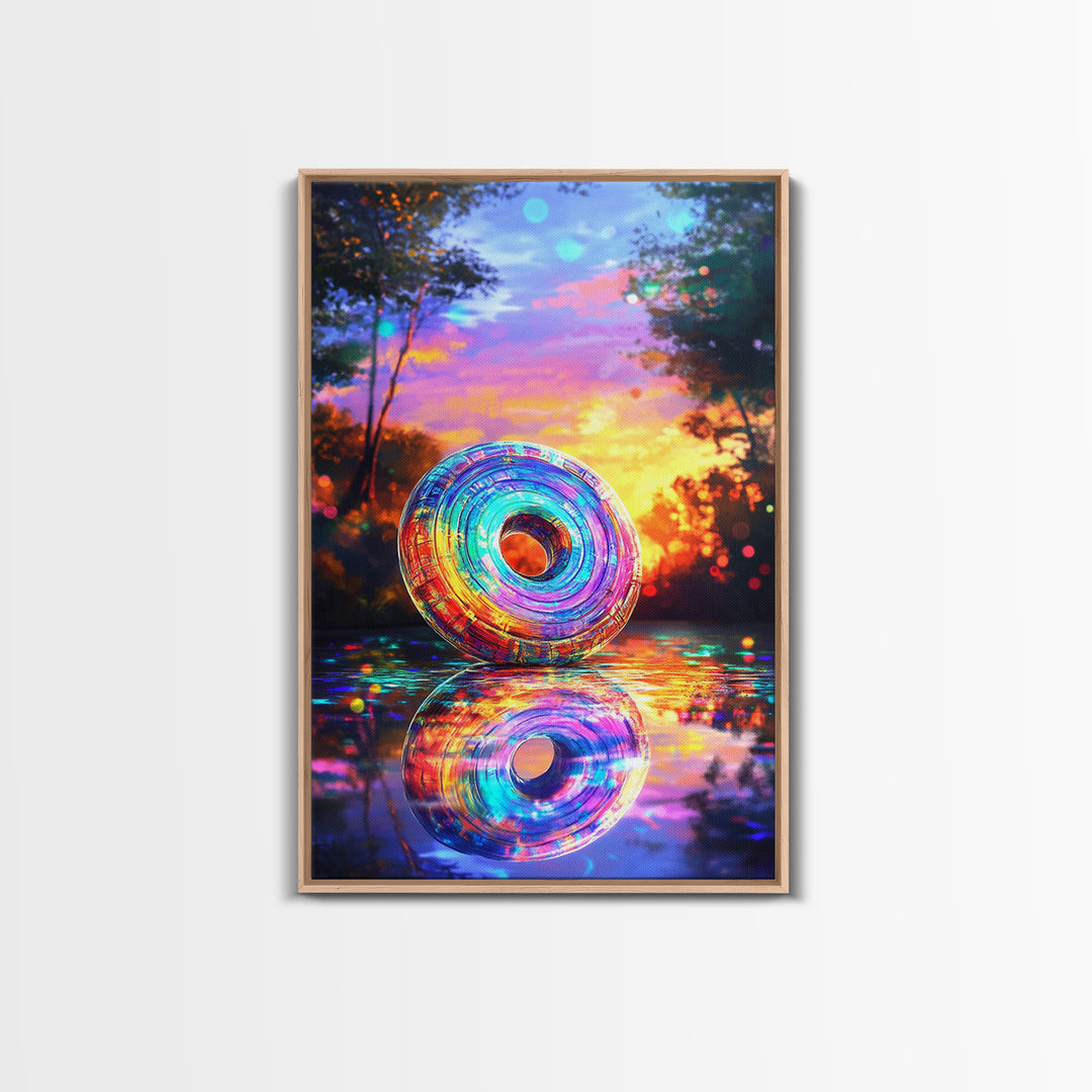 Iridescent Rainbow Ring At Sunset Framed Canvas Print, Colorful Wall Art, Abstract Landscape, Living Room Modern Home Decor Gift