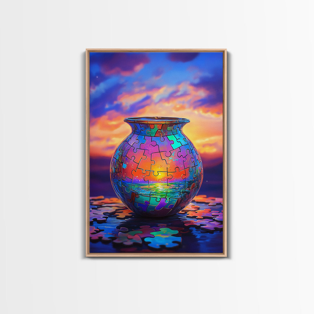 Puzzle Piece Vase With Ocean Sunset Canvas Print, Colorful Wall Art, Whimsical Seascape, Living Room Coastal Home Decor Gift