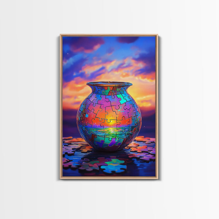 Puzzle Piece Vase With Ocean Sunset Canvas Print, Colorful Wall Art, Whimsical Seascape, Living Room Coastal Home Decor Gift