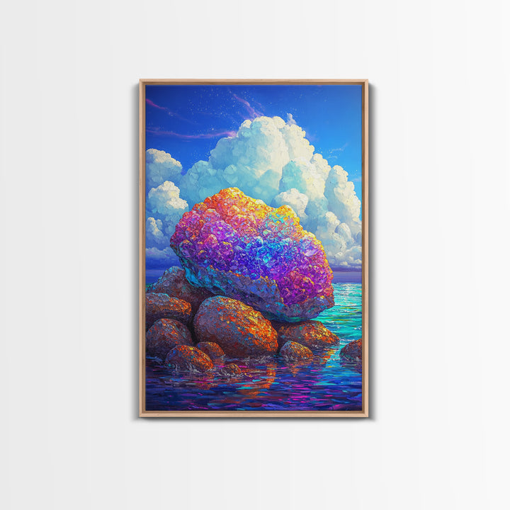 Rainbow Crystal Rocks Beside Blue Sea Canvas Print, Coastal Wall Art, Colorful Nature Art, Ocean Landscape Home Decor Gift