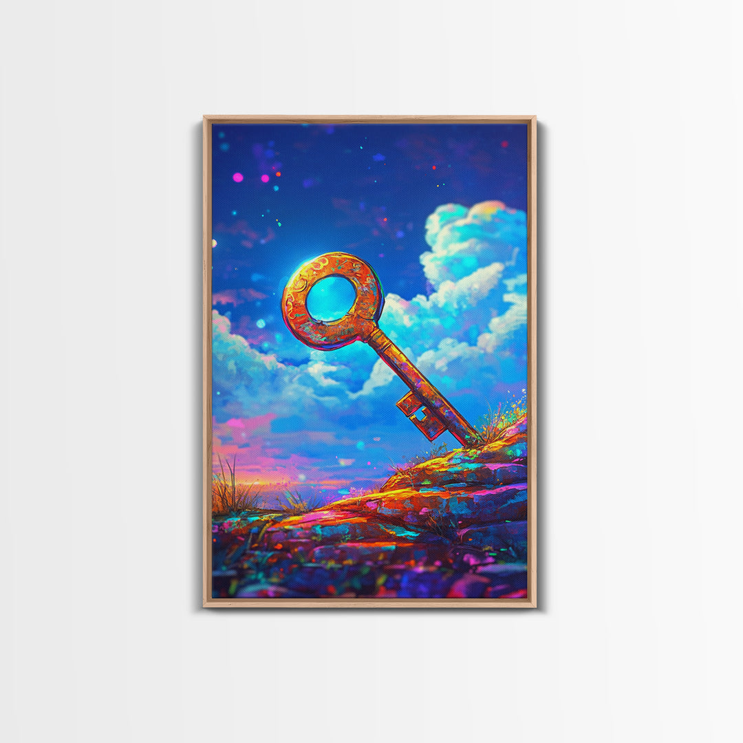 Golden Key On Dreamy Hilltop Canvas Print, Whimsical Wall Art, Fantasy Decor, Celestial Art, Unique Gift, Kids Room Decor