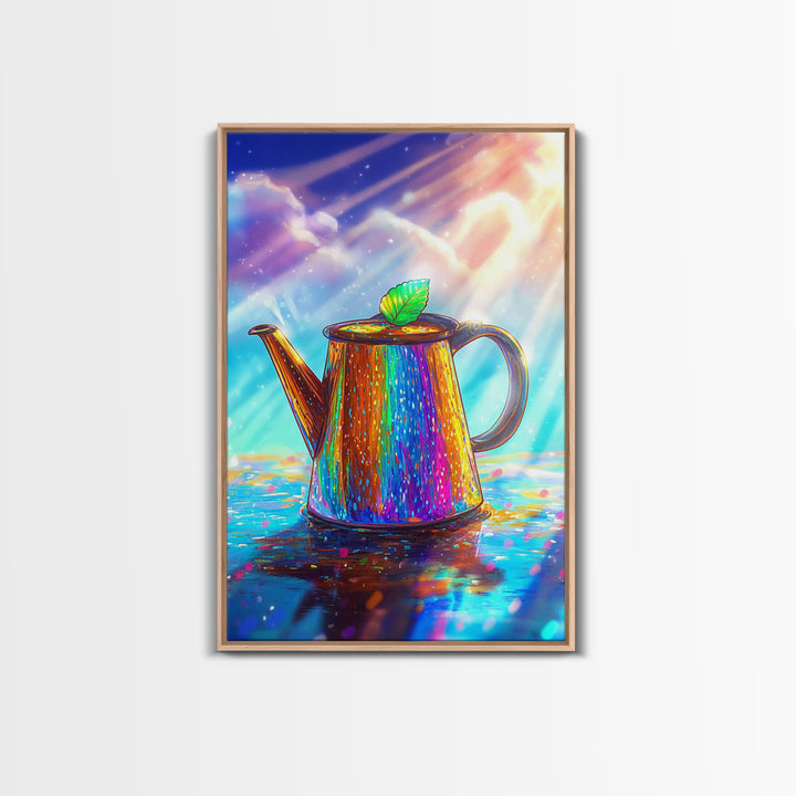 Radiant Rainbow Teapot With Leaf Canvas Print, Colorful Kitchen Wall Art, Tea Lover Gift, Whimsical Home Decor Poster Print
