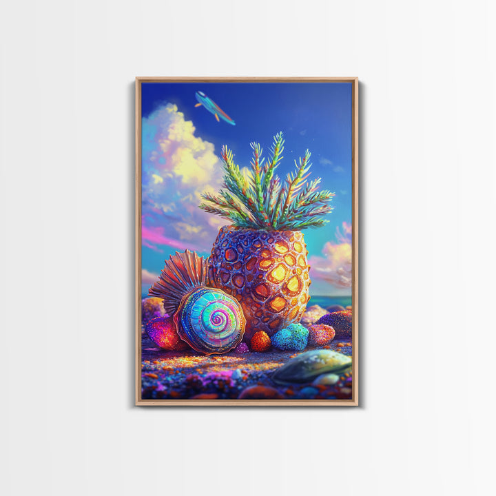 Surreal Pineapple And Seashell Canvas Print, Tropical Beach Wall Art, Colorful Coastal Decor, Whimsical Kitchen Art Print