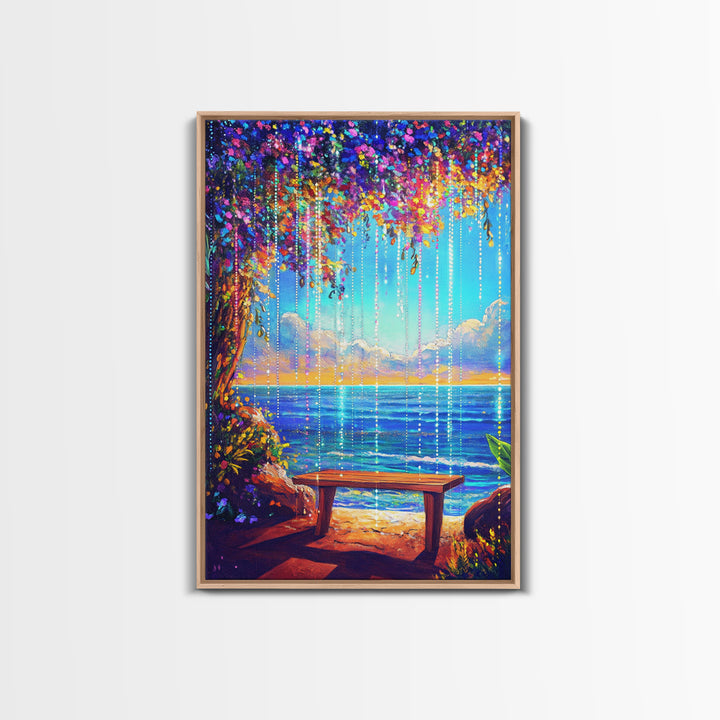 Flower Canopy Ocean Bench Framed Canvas Print, Coastal Wall Art, Tropical Beach House Decor, Romantic Seaside Artwork For Living Room