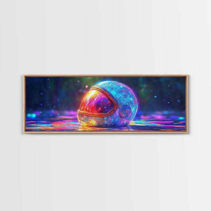 Neon Astronaut Helmet On Cosmic Rain Canvas Print, Futuristic Space Wall Art, Sci Fi Decor, Gamer Room Decor, Gift For Him