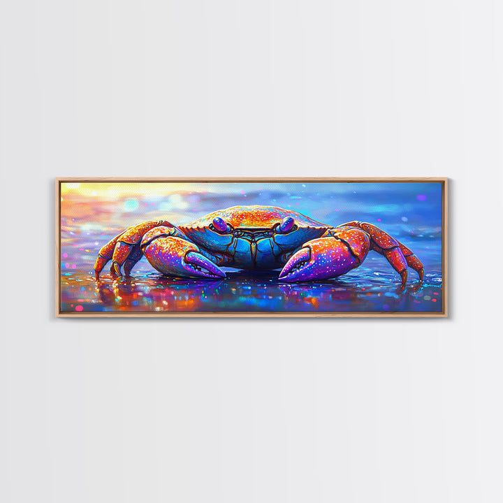 Vibrant Rainbow Crab On Wet Beach Wall Art, Coastal Ocean Animal Art, Colorful Beach House Decor, Nautical Canvas Print Art