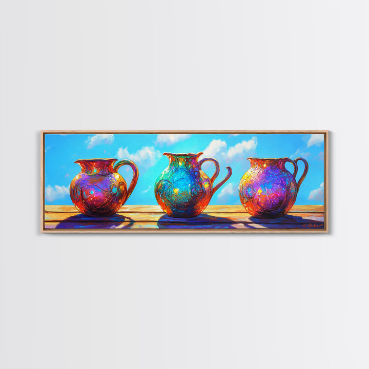 Three Colorful Ceramic Pitchers In Sunlit Courtyard Wall Art, Rustic Kitchen Decor, Mediterranean Canvas Print, Dining Room Art