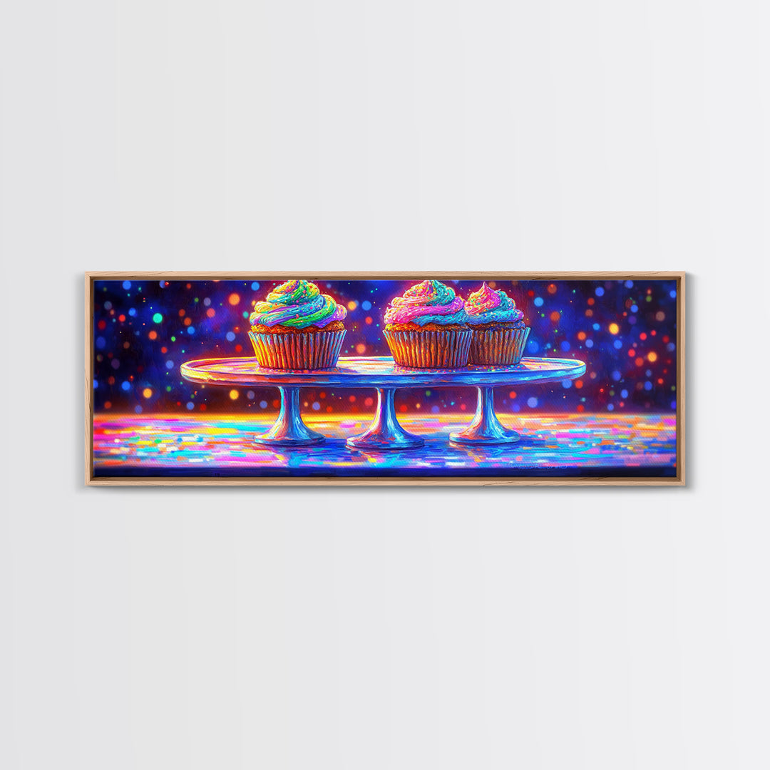 Rainbow Frosted Cupcakes On Glass Cake Stands Wall Art, Bakery Kitchen Decor, Dessert Art Print, Colorful Canvas Print Gift