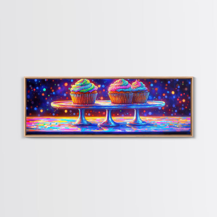 Rainbow Frosted Cupcakes On Glass Cake Stands Wall Art, Bakery Kitchen Decor, Dessert Art Print, Colorful Canvas Print Gift