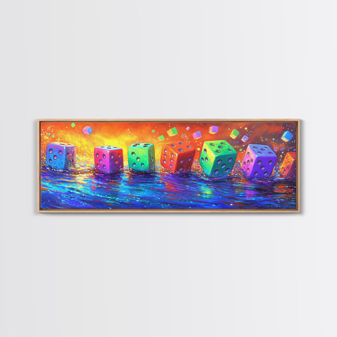 Row Of Rainbow Dice On Reflective Table Canvas Print, Game Room Wall Art, Colorful Wall Decor, Gamer Gift, Modern Wall Art