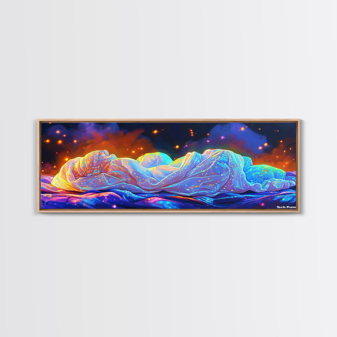 Glowing Sleeping Figure Under Starry Blanket Canvas Print, Sweet Dreams Wall Art, Cozy Bedroom Decor, Ethereal Dreamy Wall Decor