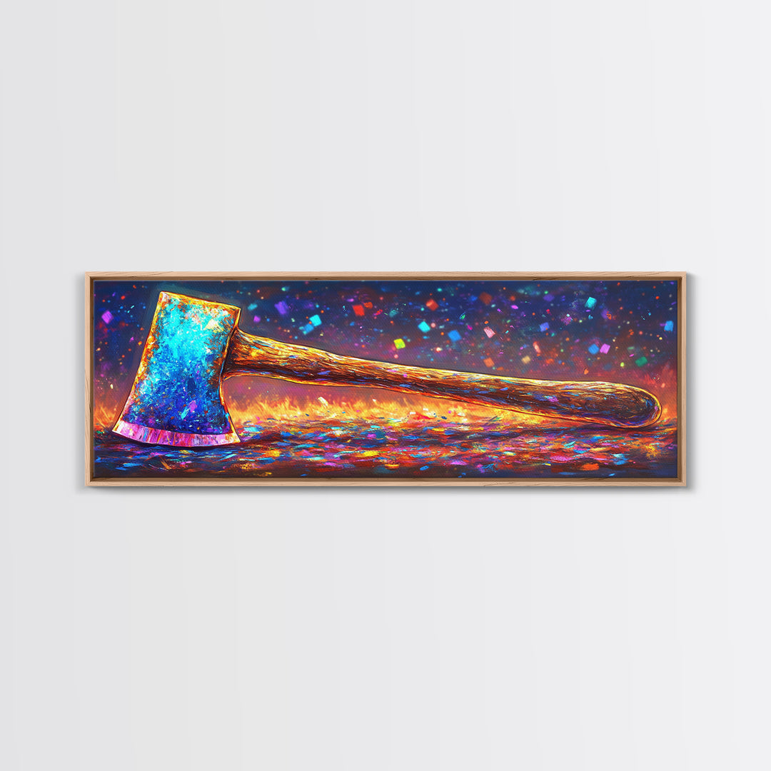 Vibrant Rainbow Axe On Glittering Ground Canvas Print, Rustic Wall Art, Garage Decor, Man Cave Decor, Unique Gift For Him