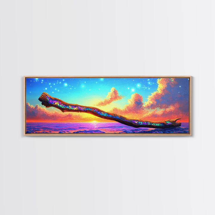 Glittering Branch Over Sunset Ocean Framed Canvas Print, Coastal Wall Art, Seascape Art, Beach House Decor, Summer Vibes
