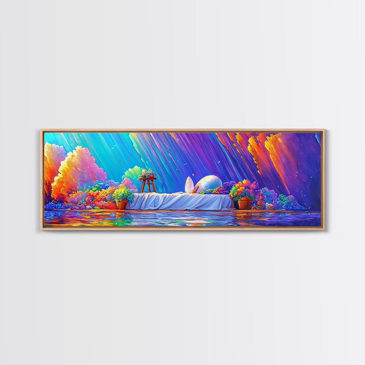 Surreal White Bed With Moonlit Egg Framed Canvas Print, Whimsical Wall Art, Maximalist Decor, Romantic Dreamy Bedroom Wall Decor